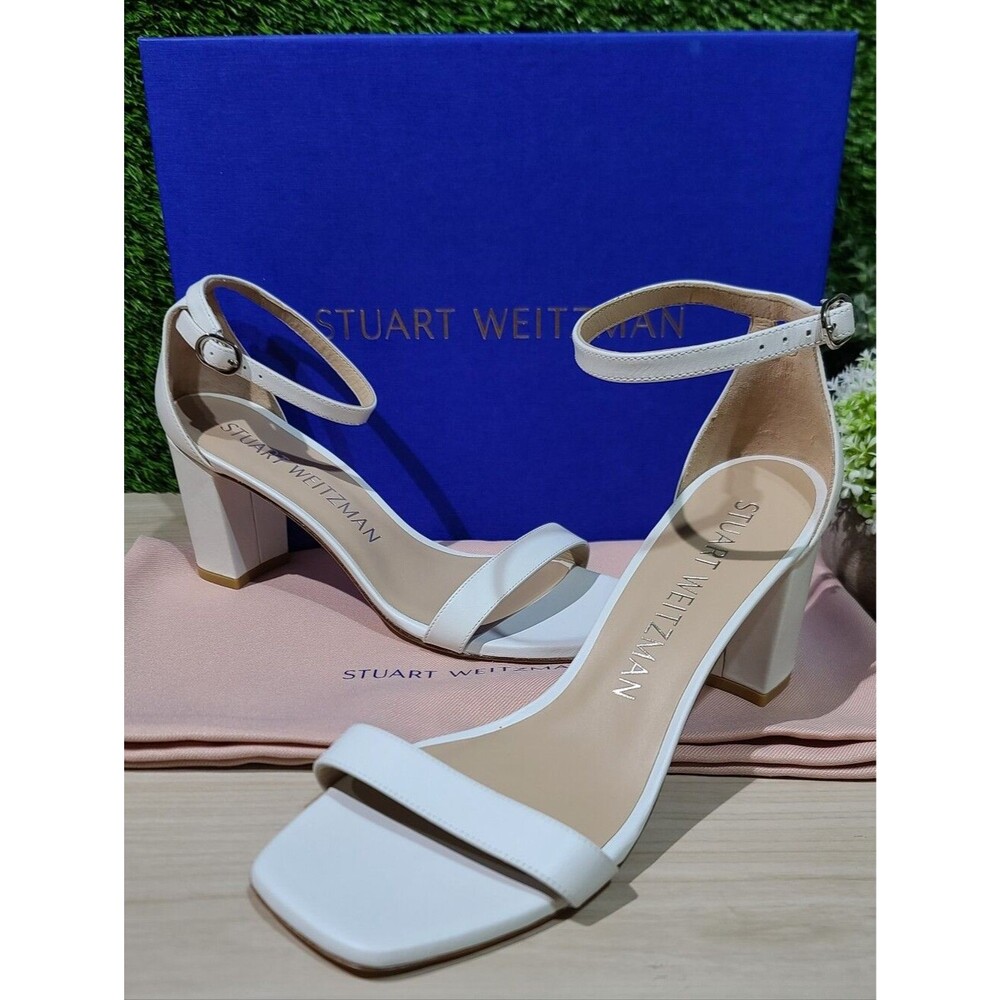 Stuart Weitzman Nudistcurve 75 Block Sandals, White / US Women's 8 B New